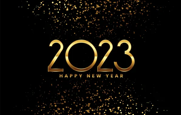 Picture lights, gold, Shine, figures, New year, black background, gold plated, date, bokeh, 2023, New Year …