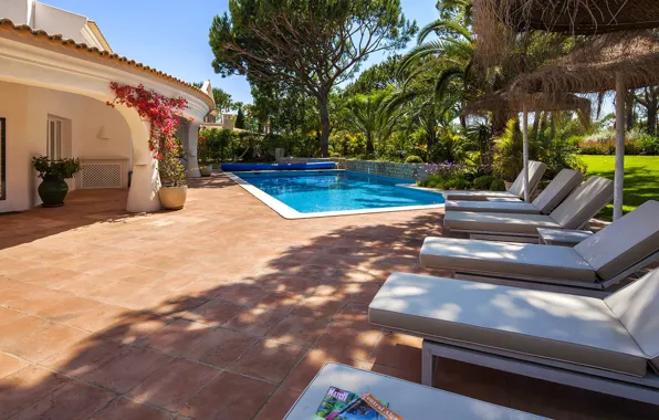 Picture flowers, palm trees, Villa, pool, arch, Portugal, architecture, terrace, Portugal, Algarve, Quinta do Lago, Villa …