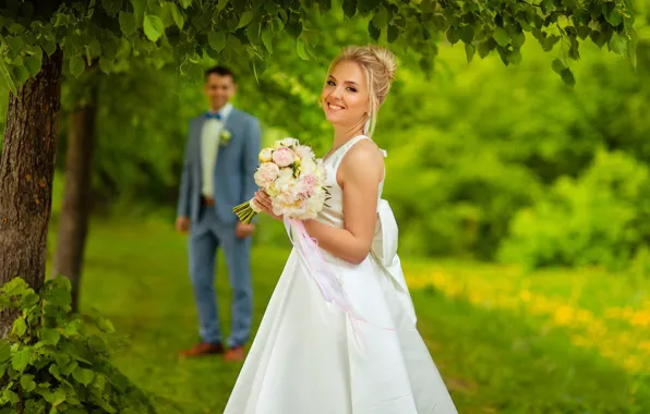 Picture love, nature, smile, bouquet, the bride, bokeh, the groom