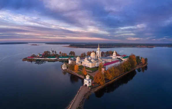 Picture autumn, the sky, lake, island, Russia, the monastery, Nilo-Stolobenskaya Pustyn', Nilova Pustyn, Stolobny Island, Lake …