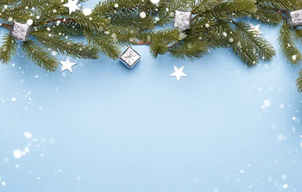 Picture stars, snow, branches, Christmas, New year, needles, blue background, Christmas decorations, Christmas decorations, boxes