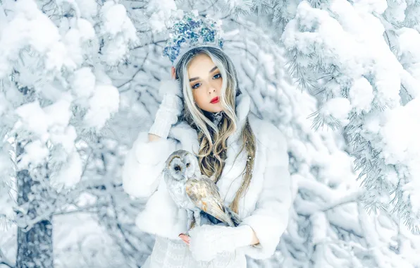 Picture winter, girl, snow, branches, nature, tree, owl, bird, crown, blonde, coat, Axe, Ruslan Bolgov