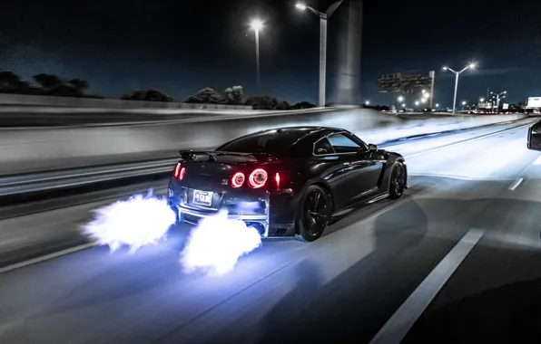 Picture GTR, Nissan, Flame, Night, R35, Backside