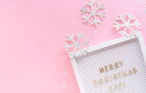 Picture winter, snowflakes, letters, holiday, the inscription, frame, Christmas, figures, New year, pink background, gold, date, …