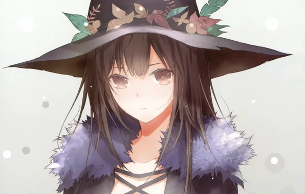 Picture look, face, fur, grey background, witch hat, haruaki fuyuno