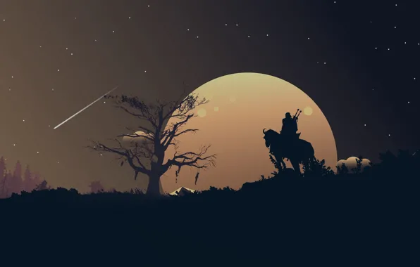 Picture moon, fantasy, game, The Witcher, landscape, night, stars, tree, horse, weapons, digital art, artwork, warrior, …