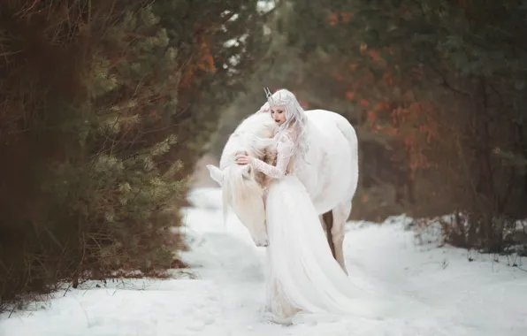 Picture winter, white, girl, snow, style, horse, horse, fantasy, Marketa Novak