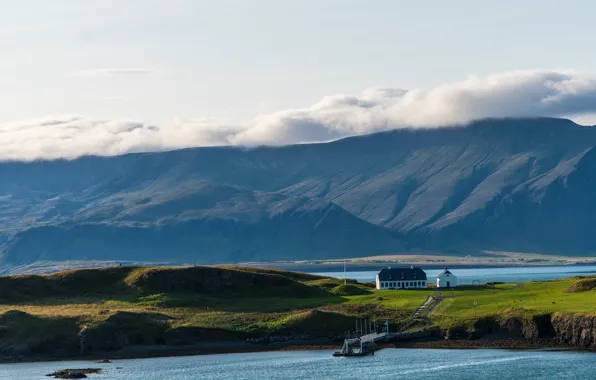 Picture clouds, light, mountains, fog, house, hills, shore, the slopes, dal, pierce, haze, house, Iceland, pond