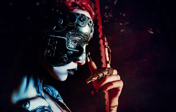 Picture girl, face, style, hand, mask, tattoo, cyberpunk, Ruslan Bolgov