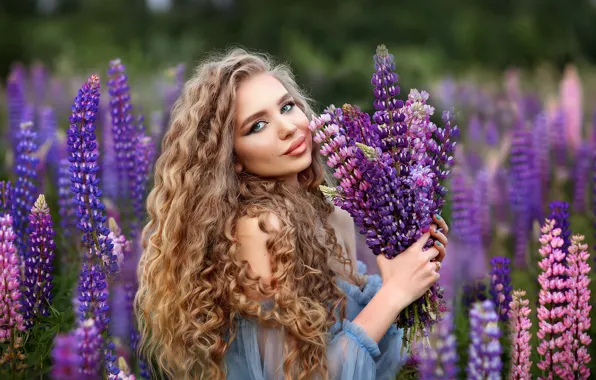Picture girl, flowers, nature, bouquet, makeup, curls, Rus, lupins, Oksana Mitina