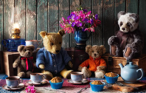 Picture flowers, style, mood, toys, bouquet, kettle, bears, the tea party, Cup, mugs, still life, bears, …