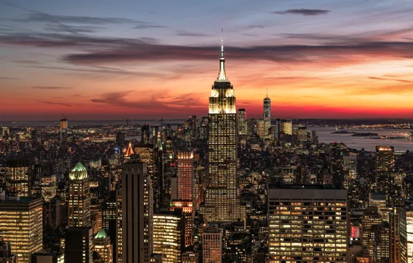 Picture sunset, building, home, New York, night city, Manhattan, skyscrapers, Manhattan, New York City