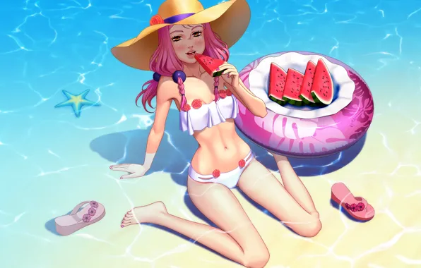 Picture beach, swimsuit, chest, summer, girl, hat, watermelon, JoJo's Bizarre Adventure, Yasuho Hirose