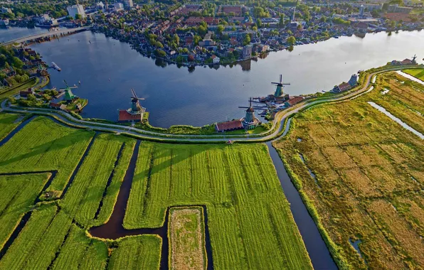 Picture river, field, mill, Holland, Zaanse Schans, near Amsterdam