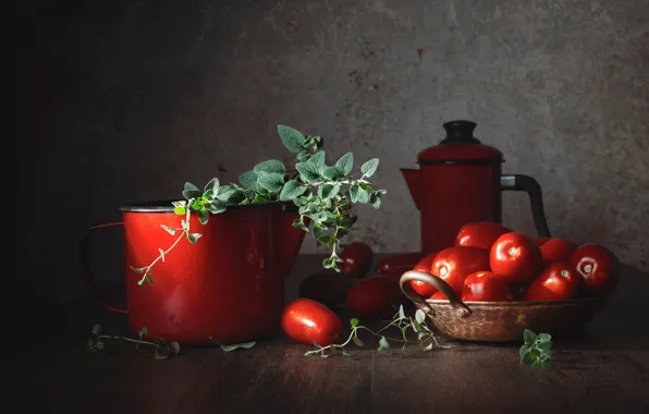 Picture light, table, kettle, mug, dishes, red, still life, tomatoes, mint