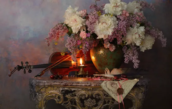 Picture flowers, branches, berries, pen, violin, candle, vase, still life, table, cherry, lilac, peonies, Andrey Morozov
