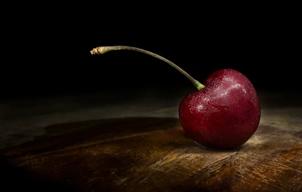 Picture drops, macro, cherry, the dark background, table, Board, berry, lies, wooden, black background, one, cherry, …