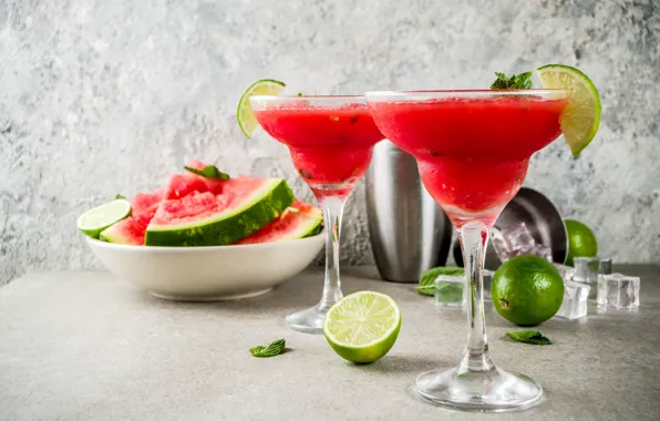 Picture watermelon, glasses, cocktail, lime
