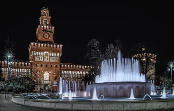 Picture night, the city, tower, backlight, lights, Italy, fountain, Milan, Кастелло-Сфорцеско, замок Сфорца