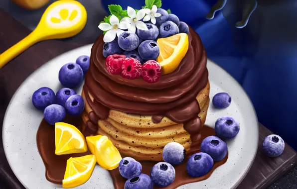 Picture berries, raspberry, lemon, chocolate, blueberries, pancakes, cakes