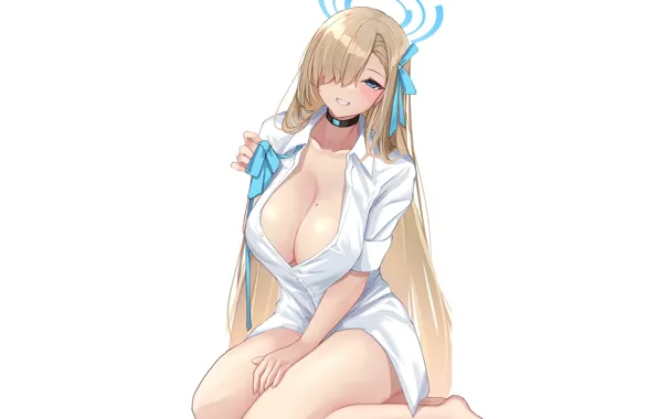Picture girl, sexy, boobs, anime, pretty, halo, blonde, breasts, smiling, shirt, oppai, thighs, collar, thick, clevage, …