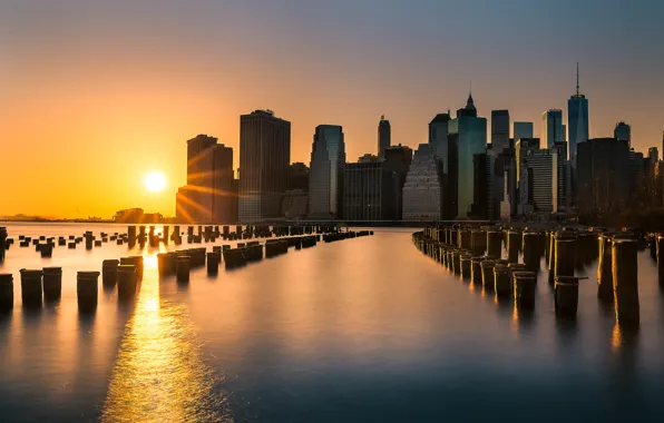 Picture sunset, building, New York, Manhattan, skyscrapers, Manhattan, New York City, East River, East River