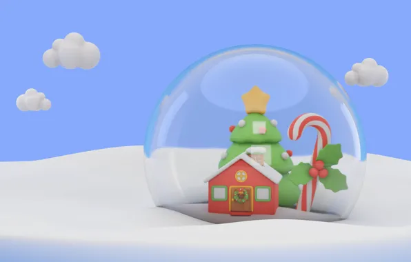 Picture rendering, toys, Christmas, New year, house, herringbone, snow globe