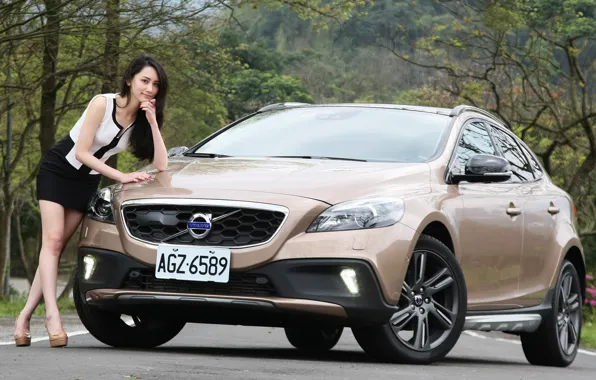Picture auto, look, Girls, Asian, beautiful girl, posing on the car, Volvo V40 Cross Country D2