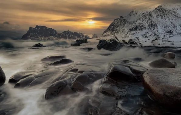 Picture sea, sunset, mountains, stones, Norway, Norway, The Lofoten Islands, The Norwegian sea, Lofoten, Norwegian Sea