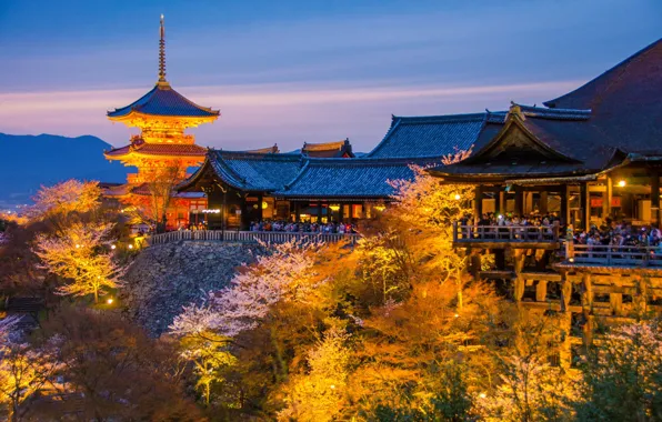 Picture landscape, mountains, nature, spring, the evening, Japan, Sakura, lighting, temple, pagoda, flowering, Kyoto, tourists, Khans, …