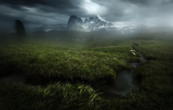 Picture grass, mountains, clouds, stream, Alps