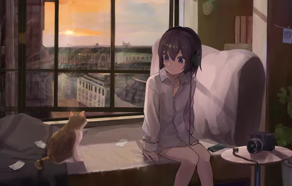 Picture cat, girl, sunset, the city, headphones, the view from the window