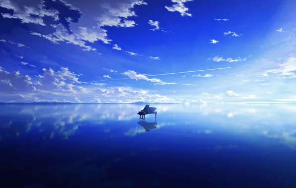 Picture the sky, water, clouds, piano
