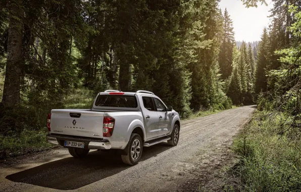 Picture road, forest, back, Renault, pickup, 4x4, 2017, Alaskan, gray-silver