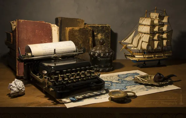 Picture ship, books, tube, typewriter, still life