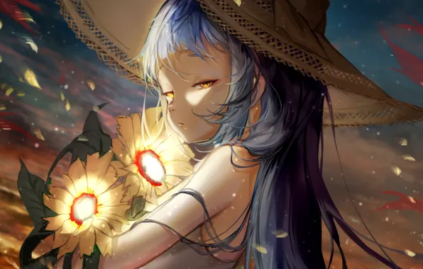 Picture sunflowers, lights, the wind, petals, girl, blue hair, in the hat, yellow eyes, bangs, straw …