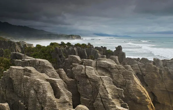 Picture sea, rocks, New Zealand, South island, Ponchiki