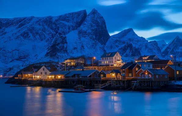 Picture mountains, village, Norway, houses, Norway, the fjord, The Lofoten Islands, Lofoten Islands, Pure, The Rhine