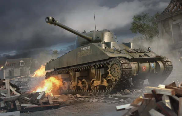 Picture Fire, Tank, Medium Tank, Armor, Sherman Firefly, The ruins of the house, Sherman Firefly Vc