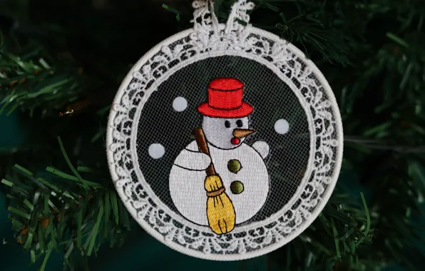 Picture winter, branches, the dark background, holiday, toy, round, Christmas, New year, snowman, needles, lace, embroidery, …