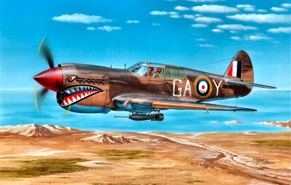 Picture 1942, P-40E, Kittyhawk Mk.IA, Lybia, 112 Sqn, Clive ''Killer'' Caldwell, ''Shark'' Squadron, North Africa