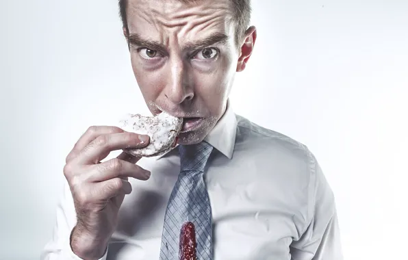 Picture look, pose, hand, cookies, tie, white background, male, shirt, dissatisfaction, eating, jam, powdered sugar, slob, …