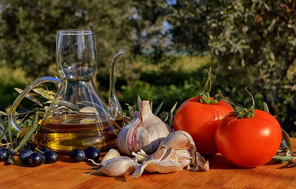 Picture oil, kitchen, still life, vegetables, tomatoes, garlic, healthy, ingredients