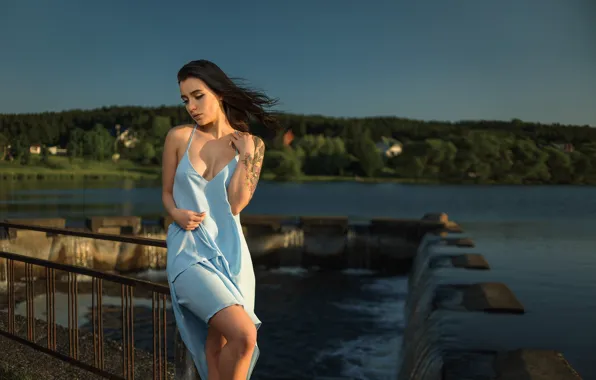 Picture girl, cleavage, long hair, dress, legs, landscape, breast, photo, photographer, water, lake, model, tattoo, lips, …