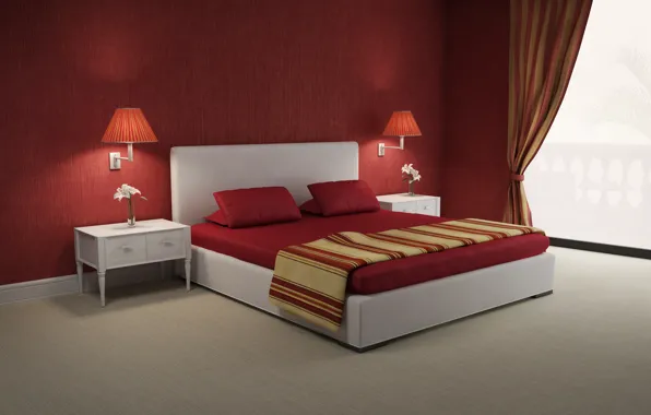 Picture red, design, furniture, bed, interior, Red, bedroom, lamp