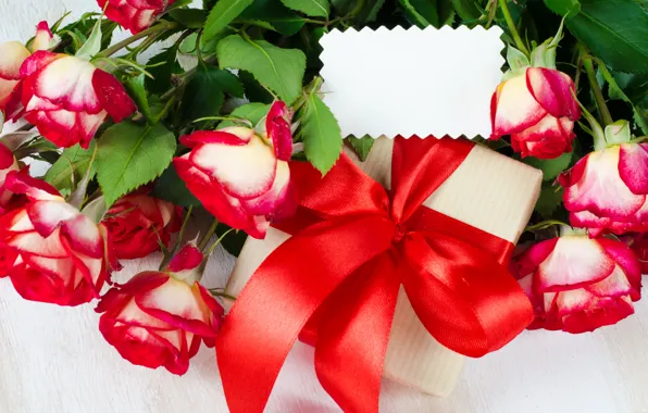 Picture flowers, birthday, holiday, gift, roses, postcard, red bow