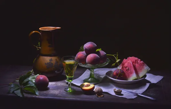Picture glass, watermelon, knife, pitcher, nuts, still life, peaches