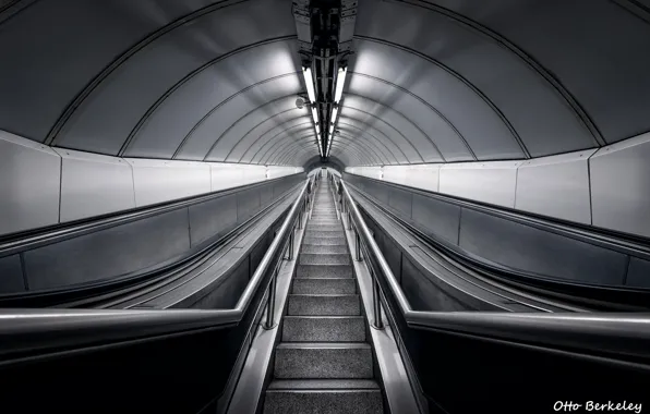 Picture ladder, railings, escalator, black and white photo