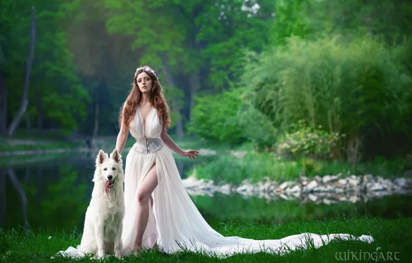 Picture girl, nature, pose, pond, style, dog, makeup, costume, outfit, image, cosplay, Wikingart, Michał Piotrowski
