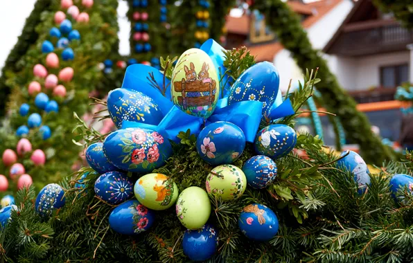 Picture flowers, branches, the city, holiday, eggs, spring, yellow, Easter, rabbits, the scenery, needles, wreath, blue, …